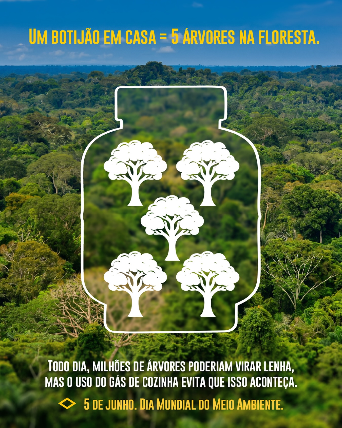A falta de acesso ao gás de cozinha tem um custo alto para a saúde das famílias brasileiras e também para o meio ambiente.

Para substituir a energia de um único botijão, são necessárias cerca de 5,5 árvores derrubadas e queimadas como lenha.

No Brasil, esse número chega a milhões de árvores todos os dias.

Por isso, ampliar o acesso ao GLP é também uma forma de proteger nossas florestas e o meio ambiente.

🌿 5 de junho. Dia Mundial do Meio Ambiente.

#glp #sindigas